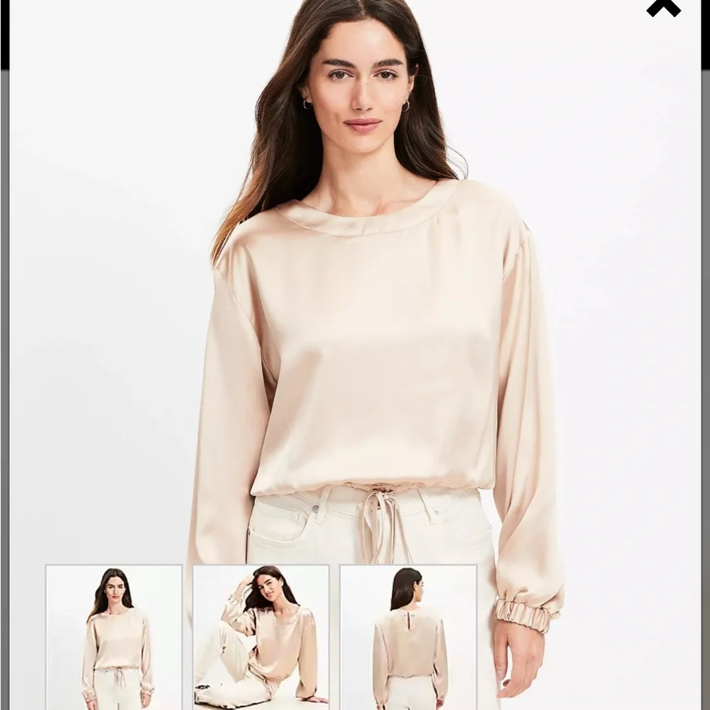 LOFT Blush Tan Puff Sleeve Satin‎ Crop Blouse